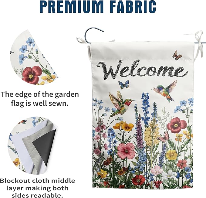 Spring Hummingbird Garden Flags Floral Summer banner for Outside 12x18 Double Sided Wildflower Yard Signs Small Outdoor Seasonal Decorative