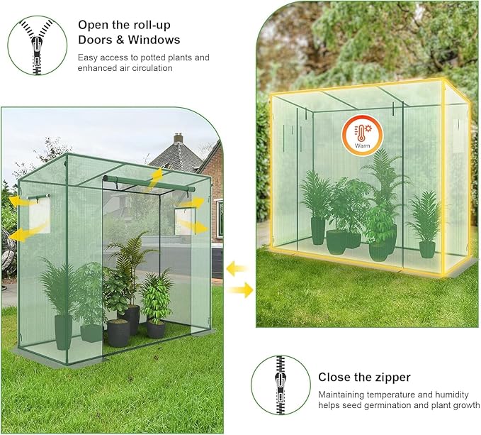 Greenhouse, Phonjoroo Lean to Small Greenhouse w/ 2 Side Windows & Zipper Rolling Door Tomato Greenhouses w/ Thicken PE Cover Outdoor Plant House Portable Small Hot House Winter Storage