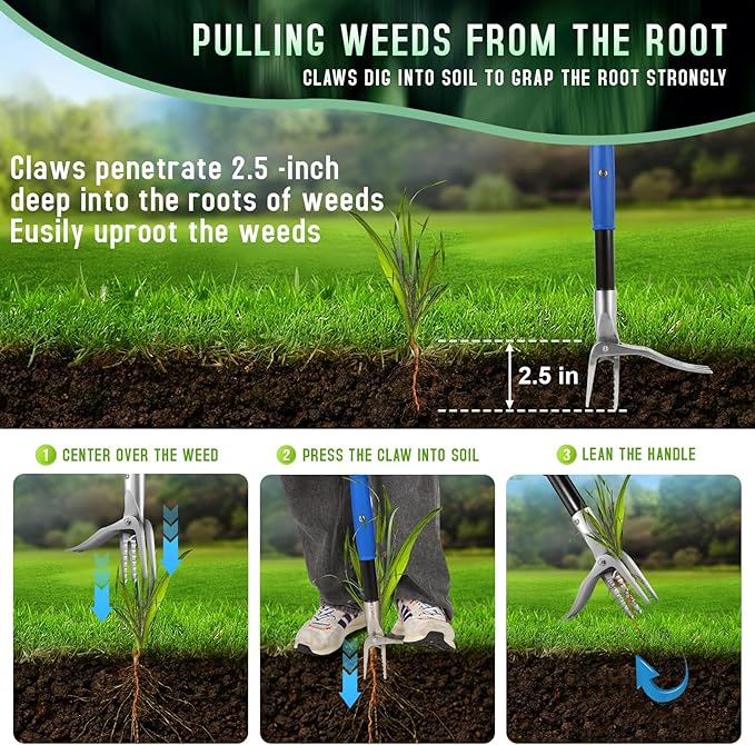 Heavy Duty Stand Up Weeder with Ejection Handle, Standing Weed Puller with Steel Handle, Gardening Tools,Weeder with Steel Claw, Weed Remover Tool Without Bending, Pulling,Kneeling.Weeding Tool.