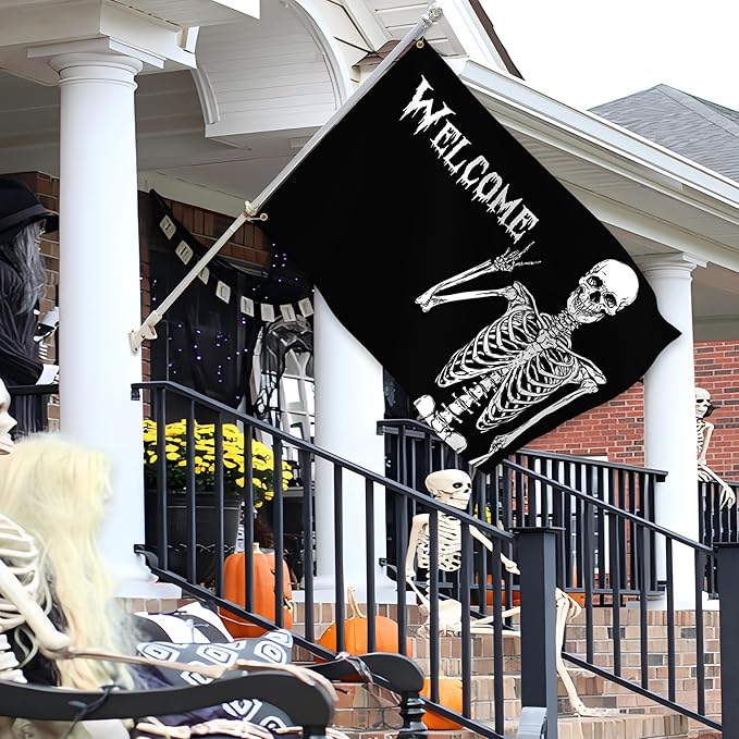 Halloween Flags for Outside 3x5 Ft Halloween Skull Flag Durable Polyester Double Sided Halloween Skeleton Flags for Indoor House Outdoor Yard Holiday Banner Signs Decorations