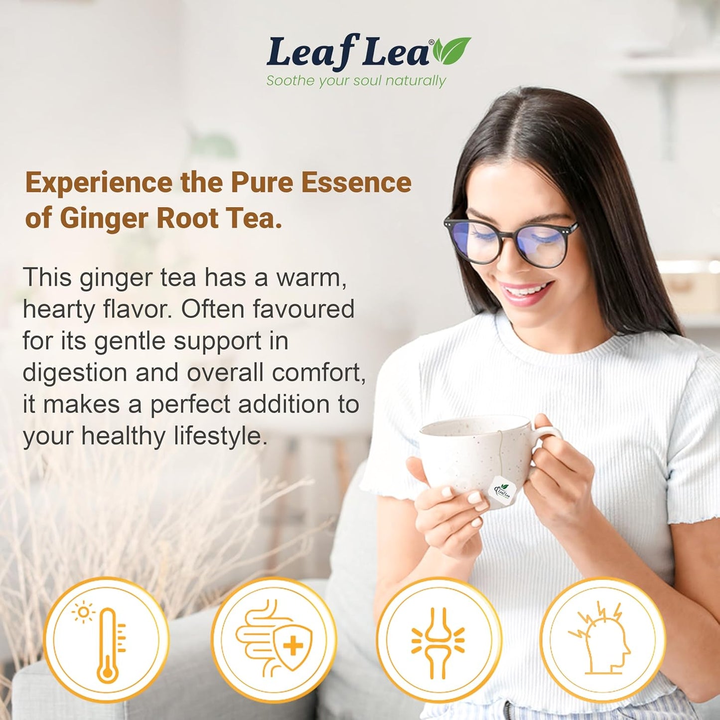 LeafLea 160 Ginger Tea Bags, Pure Ginger Root Herbal Tea, Spicy & Comforting, Supports Digestion & Immune Health, Caffeine Free, Sugar Free, Non-GMO, Vegan, Individually Wrapped for Freshness