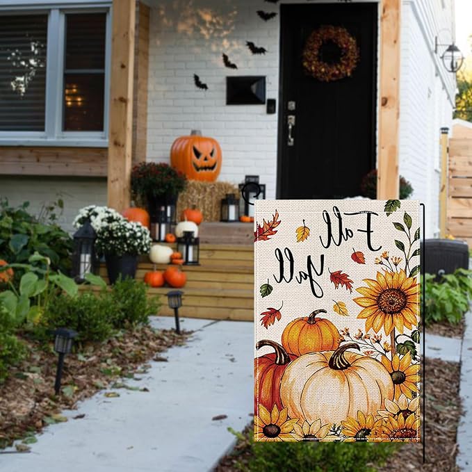 Fall Garden Flag 12 x 18 Inch Double Sided Pumpkin Sunflower Maple Leaves Designs Autumn Burlap Yard Flag for Outside Rustic Yard Outdoor Holiday Home Decoration