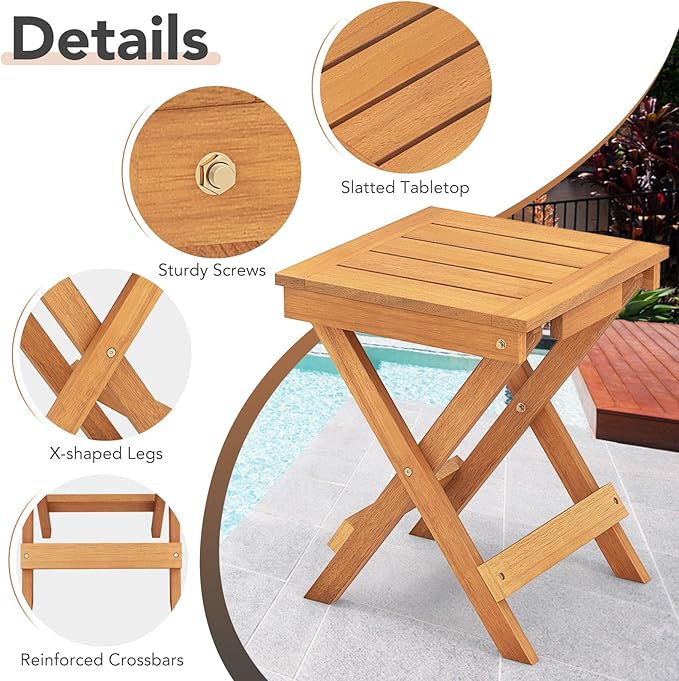Tangkula Outdoor Folding Side Table, Wood Patio Bistro Table with Slatted Tabletop & X-Shaped Legs, Portable Square Coffee Table for Garden, Poolside, Camping, Picnic, 14" x 14" x 18" (2, 14 inches)