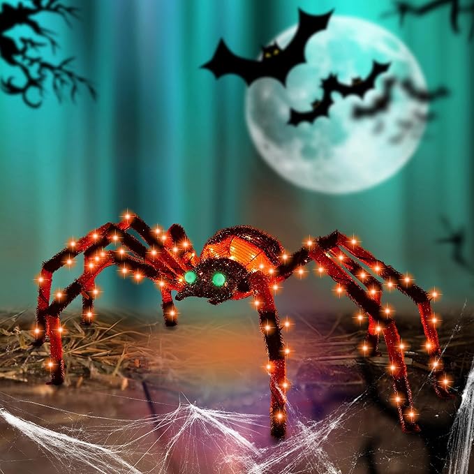 4.2Ft Giant Spider Halloween Decorations Outdoor 52" Light Up Spider with 90 LED Lights for Front Yard, Porch, Garden, Lawn, Halloween Party (Orange)