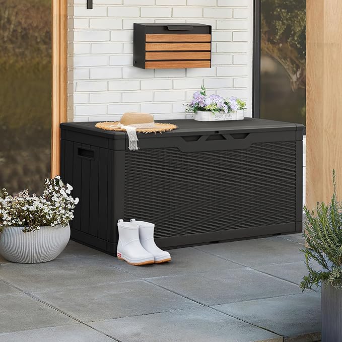 Greesum 100 Gallon Resin Patio Storage Box for Garden Tools, Outdoor Furniture Cushions, Pool Supplies, Black