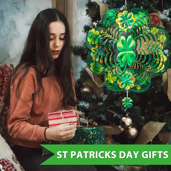 St. Patrick's Day Wind Spinner, St Patricks Day Decorations Gifts for Women, 3D Shamrock Hanging Wind Spinners for Outdoor & Indoor Decor, 12 Inch Metal Wind Spinner for Garden Yard Home Ornament