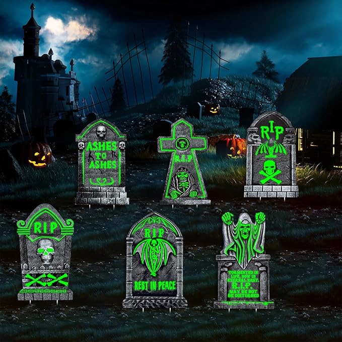 6Pcs Large Halloween Tombstones Yard Sign Graveyard Decor, 25"x16" Glowing Cemetery Props, Light Up Tombstones for Outdoor Halloween Displays, Reusable Weatherproof Gravestones for Grave Decorations
