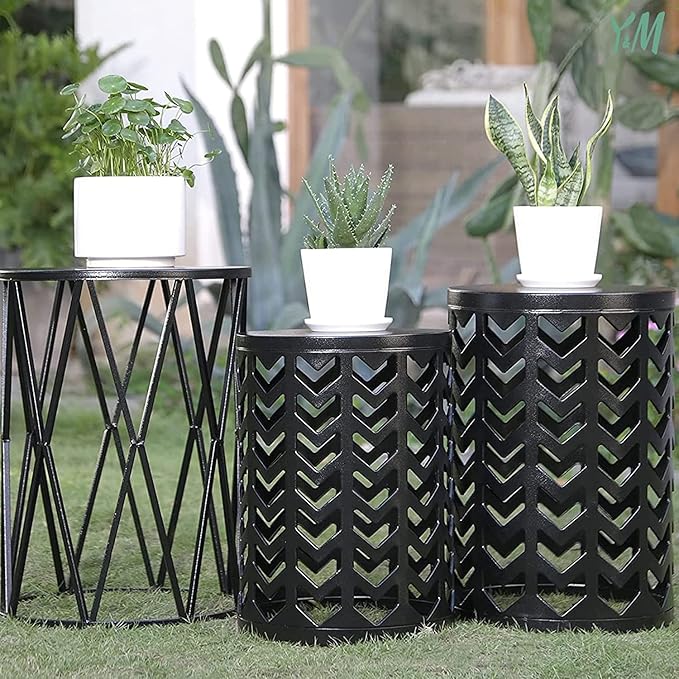 Y&M Nesting Side Table, Set of 3 Stacking Coffee Table for Living Room, Indoor End Tables, Outdoor Decorative Garden Stool with Heavy Duty Metal Frame Modern Industrial Decor - Pure Black