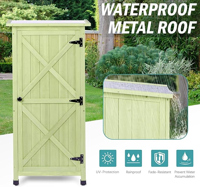 Wooden Outdoor Storage Cabinet, Vertical Garden Tool Shed with Waterproof Metal Roof & 2 Adjustable Shelves Ideal for Yard, Patio, Deck and Porch (Green, 20" x 24" x 48")