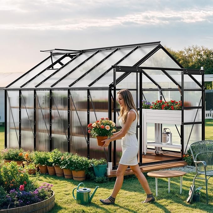 YITAHOME 12x8FT Polycarbonate Greenhouse Large Heavy Duty Green Houses Outdoor Aluminum Greenhouses with Sliding Doors Vent Window Walk-in Greenhouse for Garden Backyard, Black