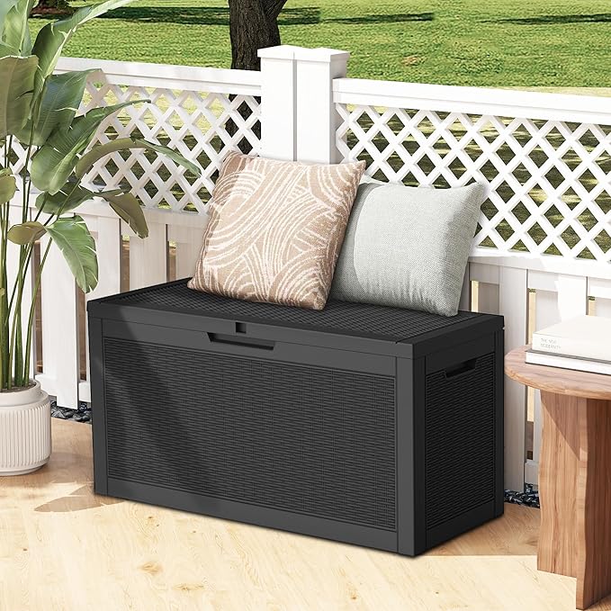 60 Gallon Outdoor Storage Box, Waterproof Deck Box with Handles and Lockable Lid, Resin Patio Storage Box with Hydraulic Rods for Garden Tools, Cushions, Black