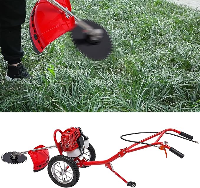 49CC 2-Stroke Gas Lawn Mower 1.8 KW Hand-Push Weeder 2-in-1 Grass Trimmer Dual-Blade Cultivator Home Single Cylinder Gasoline Garden Lawn Mower for Lawn, Yard, Small Farms