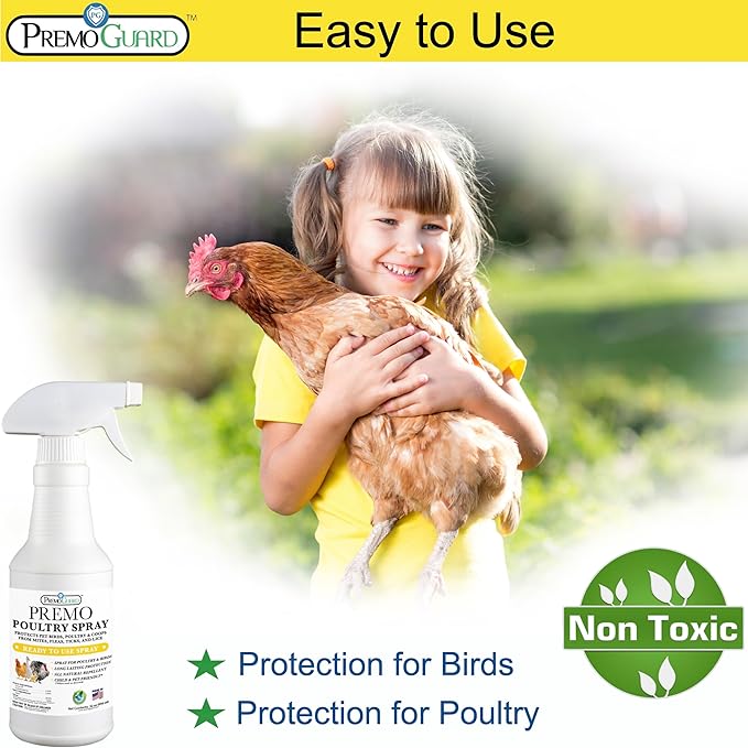 Premo Guard Poultry Spray - 32 oz - Kill Scaly Leg, Mites, Fleas, Lice, & Other Pest on Chickens and in Coops - Natural Plant Based Oils for Control, & Prevention - Family Safe with No Egg Withdrawl
