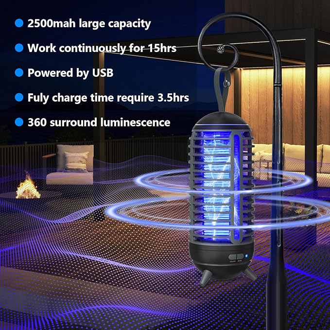 Bug Zapper Outdoor Rechargeable 2 in 1 Wireless Mosquito Killer Lamp 2500mAh Bug Zapper Electric Trap Ideal Fly Zapper Indoor for Patio, Home, Backyard, Yard, Garden, Campsite (Black) 1