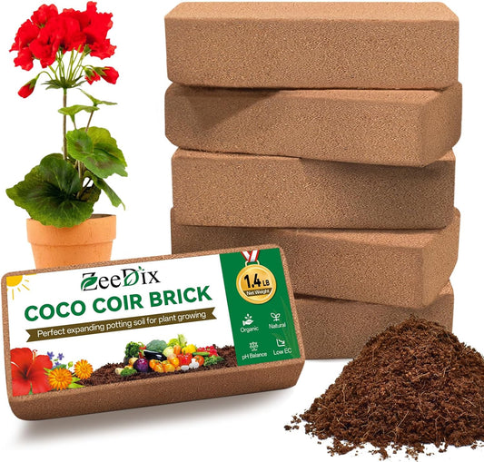 ZeeDix 6 Pcs Coco Coir Brick for Plants, 100% Organic Coconut Coir Bricks with Low EC and pH Balance, Compressed Coconut Husk Bricks for Gardening, Planting, Organic Potting Soil, High Water Retention