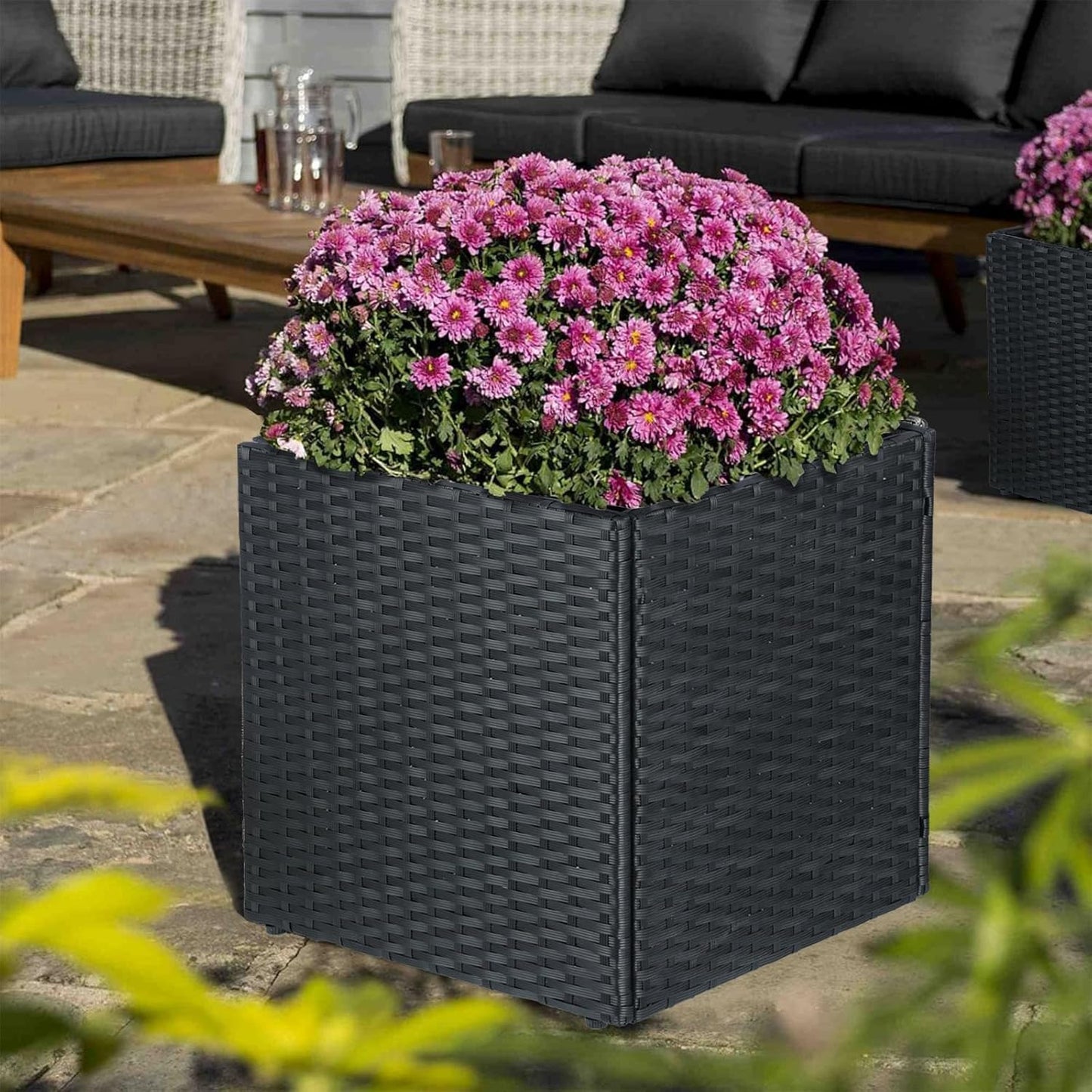 SUNNYPARK Set of 2 Large Square Planter with Removable Liner, All-Weather PE Rattan Modern Planters Indoor Outdoor Flower Plant Pots Garden Box Patio Yard Front Porch Deck