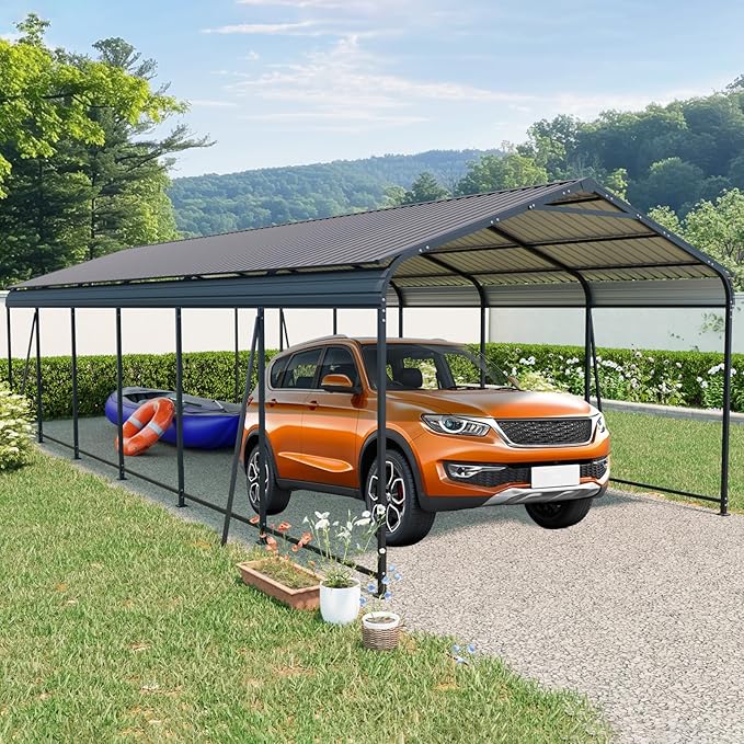 12x32 FT Metal Carport, Heavy Duty Car Port Canopy with Galvanized Steel Roof & Frame, Oversized Metal Carport Kit, Outdoor 2 Car Garage, Steel Car Shelter for Car, Boat, Truck, Charcoal