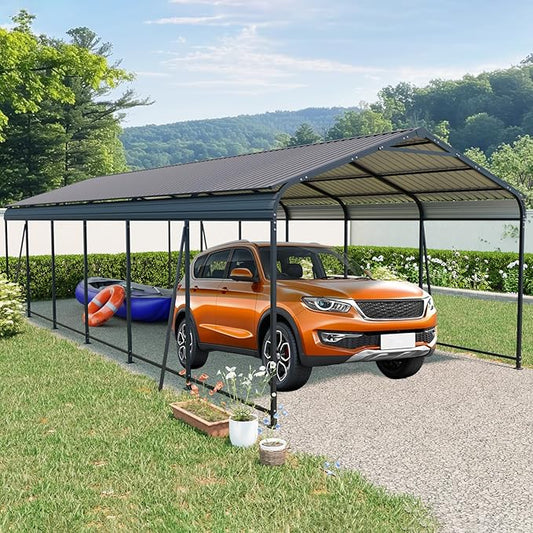 12x32 FT Metal Carport, Heavy Duty Car Port Canopy with Galvanized Steel Roof & Frame, Oversized Metal Carport Kit, Outdoor 2 Car Garage, Steel Car Shelter for Car, Boat, Truck, Charcoal