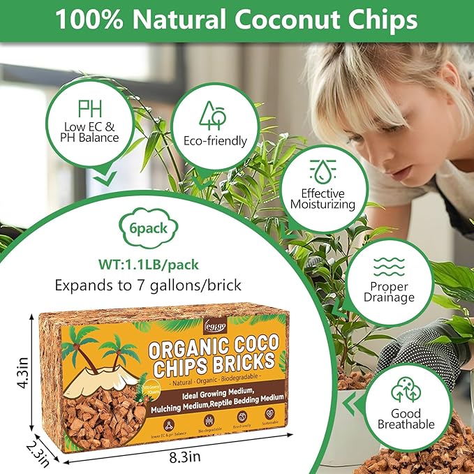 Legigo 6 Pack Coco Husk Chips- 6.6 LB 100% Organic Coconut Coir Chips Brick Potting Soil Mix with Low EC & PH Balance, Compressed Coconut Substrate Coco Chips Mulch Medium for Garden, Flowers, Plants