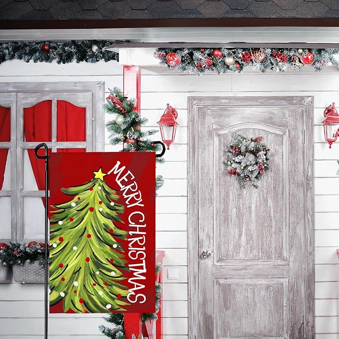 Merry Christma Garden Flag Xmas Tree Yard Flag Winter Red Green Trees Double Sided Vertical House Banner for Rustic Farmhouse Seasonal Outdoor Decoration 12x18 Inch
