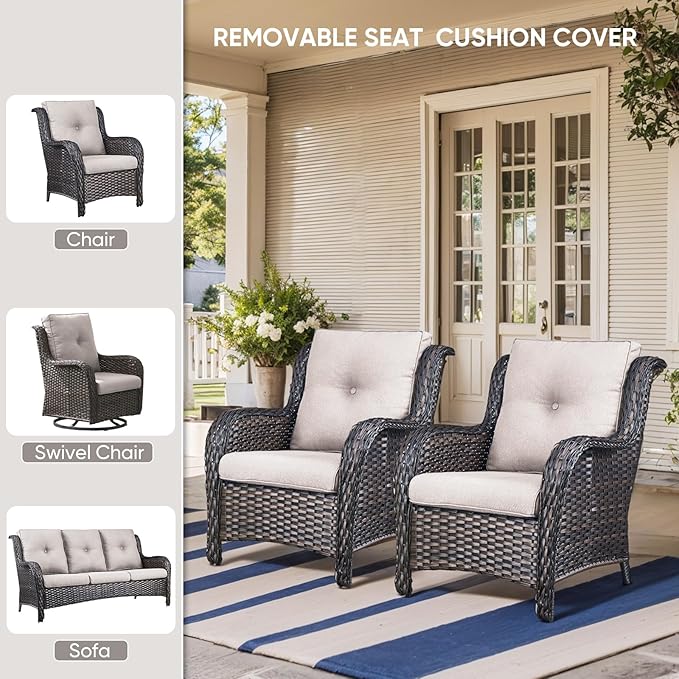 8-Piece Outdoor Patio Cushion Set - Fade & Water Resistant with Removable Olefin Cover, 22x24x4 Inch Memory Foam Cushions for Wicker Sectional Sofa – Beige/Buckle