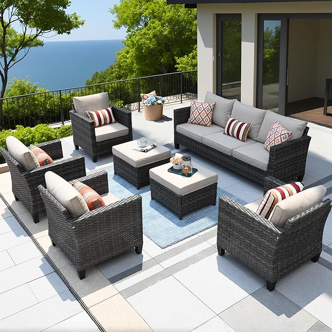 ovios Patio Furniture Set, 7 Pieces Outdoor Wicker Sofa Couch with 4 Chairs, Ottomans and Comfy Cushions, All Weather High Back Rattan Conversation Set, Beige