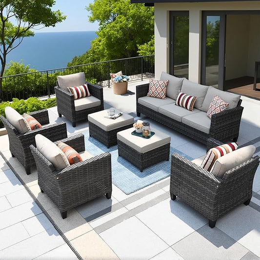 ovios Patio Furniture Set, 7 Pieces Outdoor Wicker Sofa Couch with 4 Chairs, Ottomans and Comfy Cushions, All Weather High Back Rattan Conversation Set, Beige