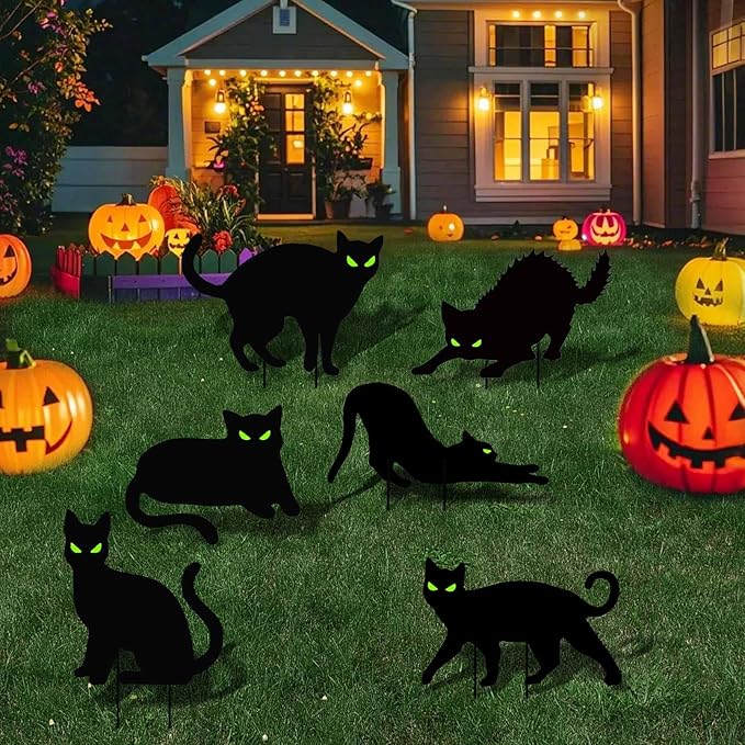 6 Packs Halloween Black Cat Yard Signs with Stakes Black Cat Decor Yard Signs Halloween Yard Decorations for Outdoor Garden Lawn Decor Halloween Party Favor
