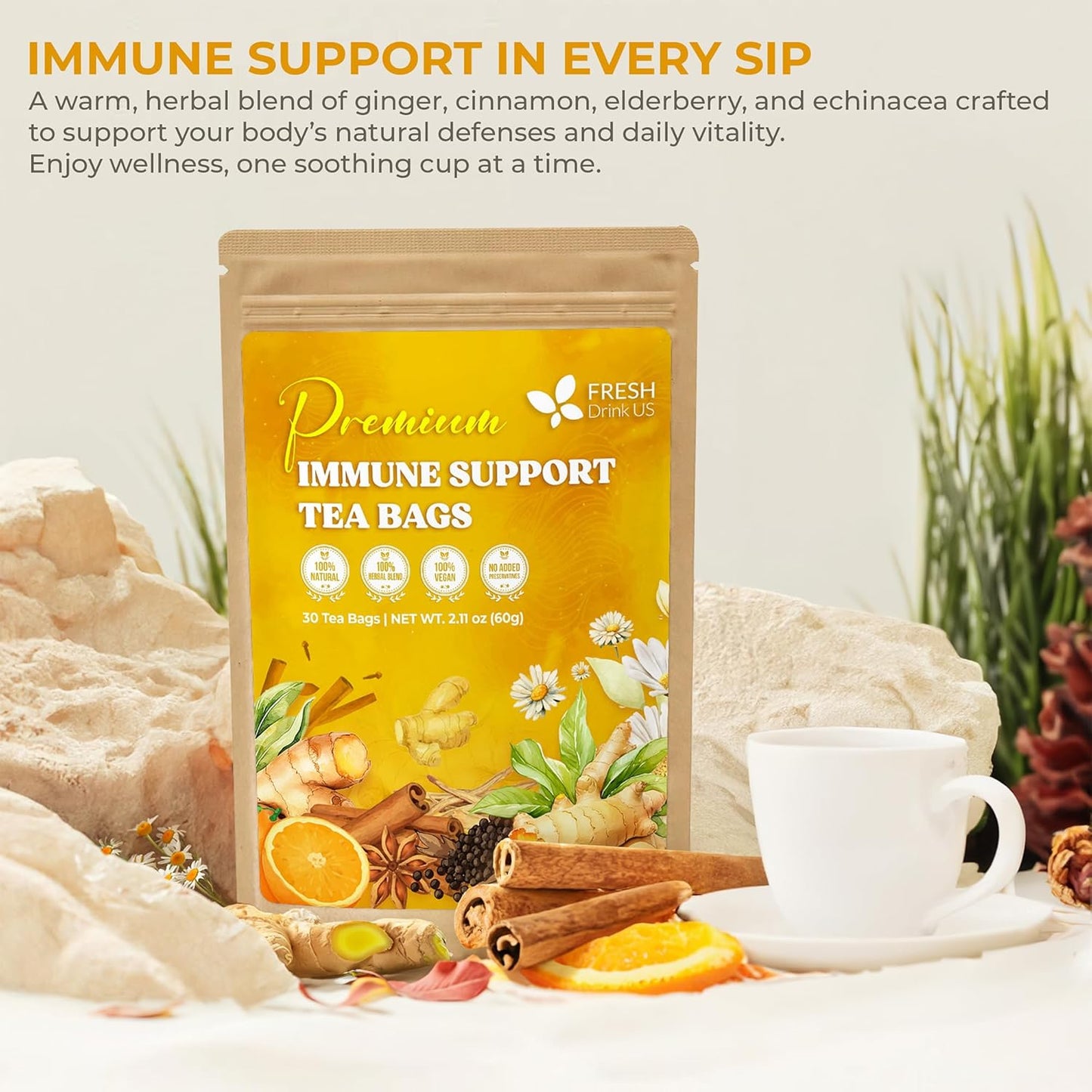 FreshDrinkUS, Premium 30 Tea Bags Immune Support Herbal Tea, Ginger, Cinnamon, Chamomile, Licorice Root, Black Pepper and Orange Peel – 100% Natural, Caffeine-Free, Vegan