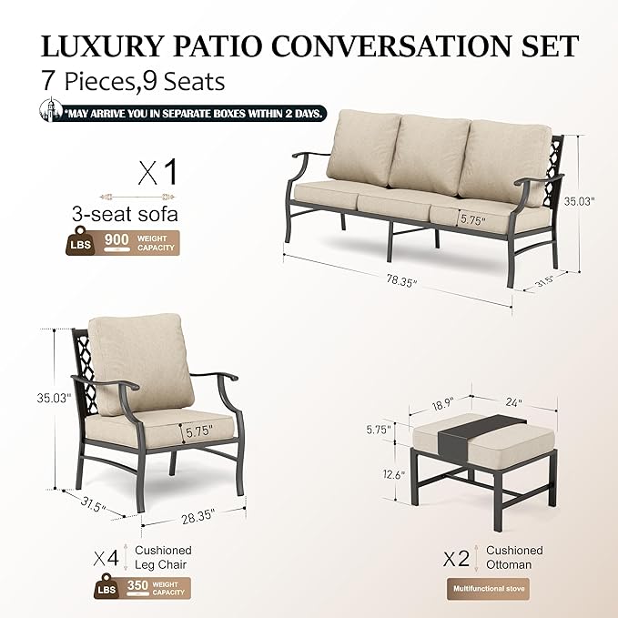 HERA'S HOUSE 7 Piece Patio Furniture Set, 4 x Fixed Metal Cushioned Chair, 2 x Cushioned Ottoman, 1 x 3-Seat Sofa, Outdoor Conversation Set for Lawn Garden Backyard Poolside