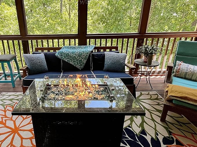 44in Outdoor Propane Gas Fire Pit Table, 50,000 BTU Auto-Ignition Gas Firepit with Glass Wind Guard, Marble Tile Tabletop, Mixed Color Glass Rocks, Brown PE Rattan…