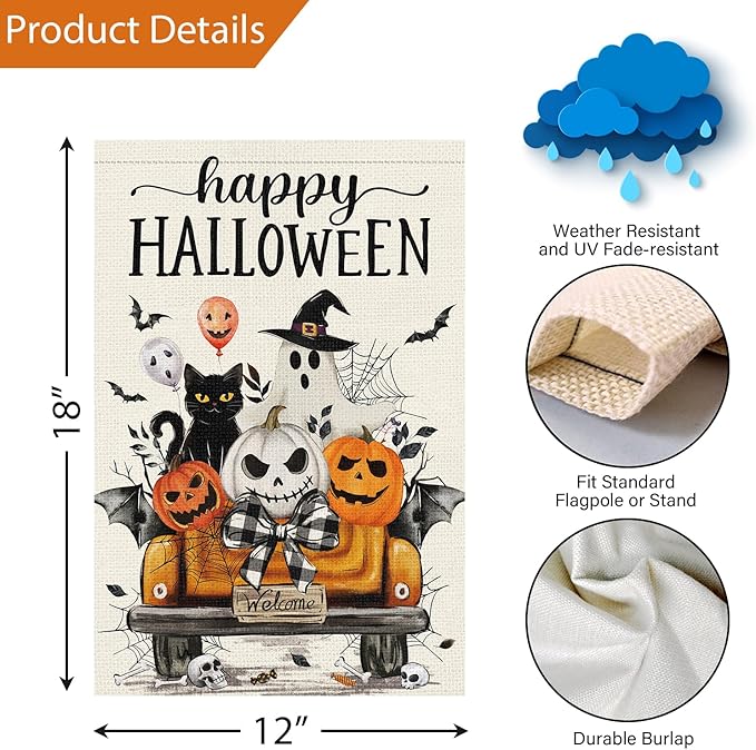 Louise Maelys Happy Halloween Garden Flag Black Cat Ghost Pumpkin Truck 12x18 Inch Double Sided Boo Holiday Seasonal Welcome Fall Autumn Small Burlap Yard Sign Outside Outdoor House Decor