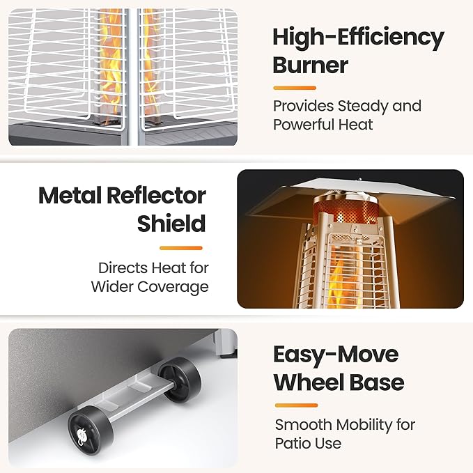 Patio Heater, 48,000 BTU Pyramid Flame Outdoor Propane Heater with Borosilicate Glass Tube, Wheels & Weatherproof Cover, CSA Certified for Backyard, Garden, Porch (Silver Gray)