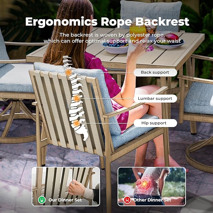 HAPPATIO 5-Piece Outdoor Dining Set for 4, Aluminum Patio Dining Set Includes 1 Large Square Table with Umbrella Hole, 2 Swivel Dining Chairs, and 2 Dining Chairs, for Lawn, Porch, Backyard (Brown)