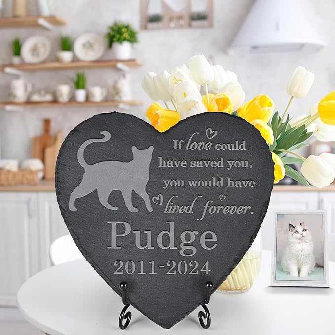 Cat Memorial Stone Cat Garden Statue - Cat Memorial Gifts - Cat Tombstone - Cat Loss Gift - Loss of Pet Cat - Heart