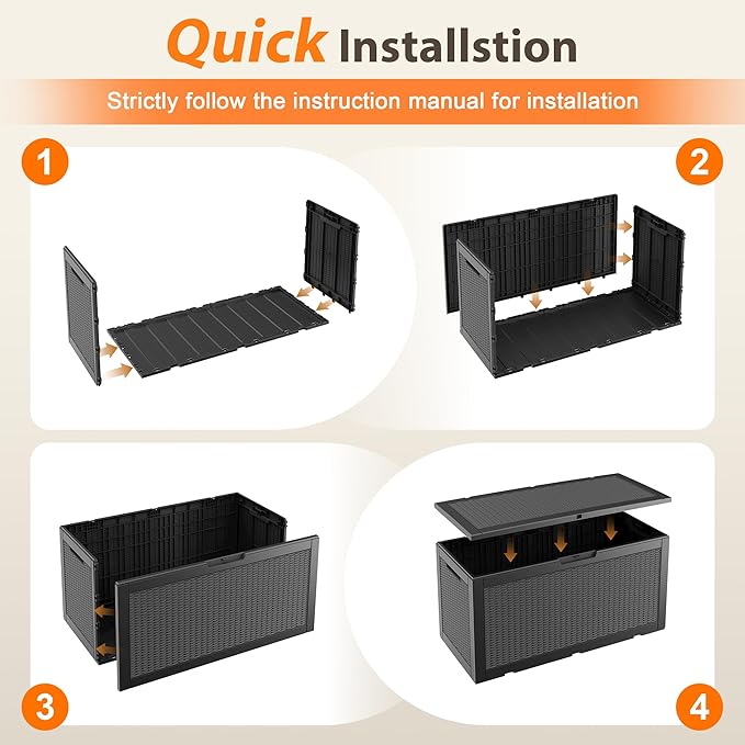 100 Gallon Resin Deck Storage Boxes Outdoor Waterproof, Lockable Outdoor Storage Container for Patio Cushions, Garden Tools, Pool Accessories, Black