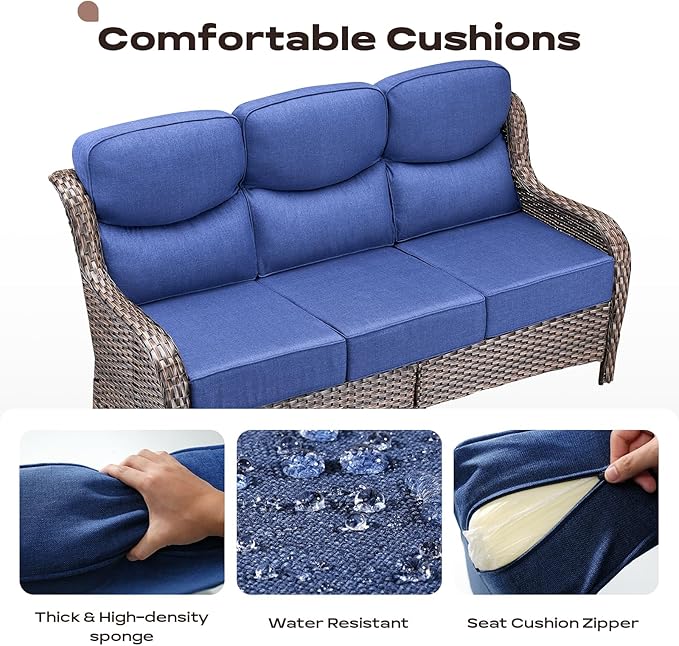 Wicker Outdoor Patio Furniture Set - 7 Piece Patio Conversation Sets with Swivel Rocker Chairs, Ottomans and Sofa, 6 inch Cushions, Waterproof Wicker, for Porch Deck Brown/Blue