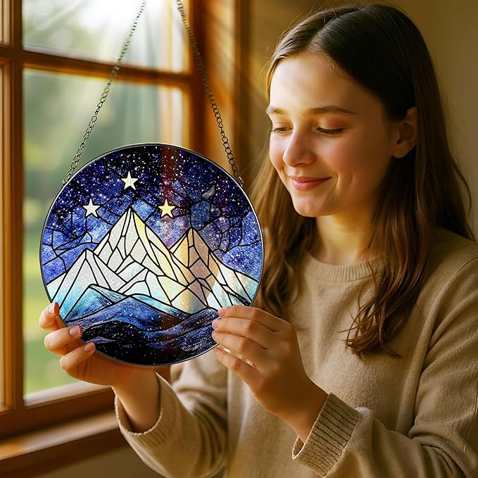 Stained Glass Window Hanging, Pauyadu 8 Inch Stained Glass Suncatcher Ornament, Night Court Window Decor, Suncatchers for Windows Hanging, Nature Lovers Gifts, Gifts for Friend, Lover