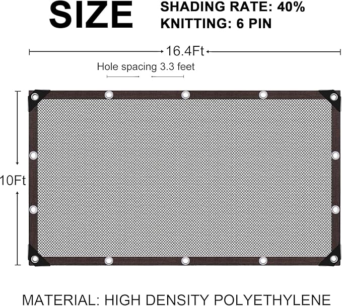 Storystore 40% Shade Cloth with Grommets, 10Ft x 16.4Ft Garden Mesh Shade Tarp Sun Shade Net for Greenhouse, Cover, Patio, Plant, Flower, Chicken, Coop