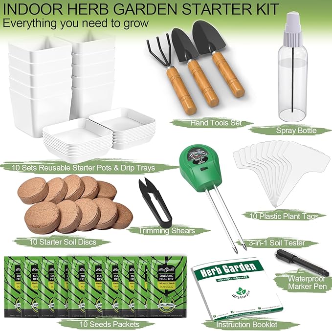 Herb Garden Kit Indoor Herb Garden Starter Kit - 10 Kitchen Herbs Seeds Growing Kit Window Herb Garden Planter Indoor Kit for Windowsill Countertop - Unique Gardening Gift for Women Men
