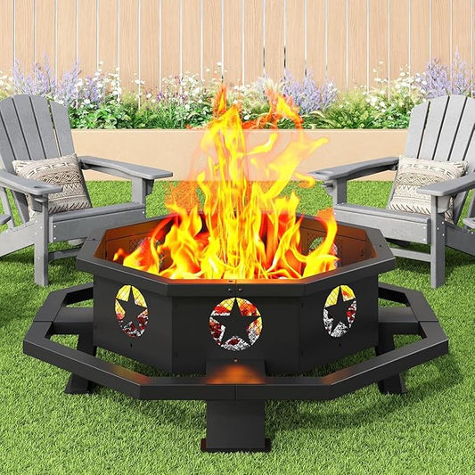 43 inch fire Pit for Outside Wood Burning, Outdoor Octagonal Fire Pit with Poker, Large Firepit for Camping, Backyard, Patio, Black