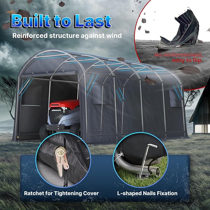 ADVANCE OUTDOOR 10x20 ft Heavy Duty Carport Outdoor Patio Large Space Canopy Storage Shelter Shed with 2 Roll up Zipper Doors & Vents for Snowmobile Garden Tools, Gray