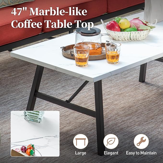 6 Piece Metal Outdoor Patio Furniture Set, Patio Conversation Sets 1 3-Seater Sofa, 2 Swivel Chair, 2 Leg Chair with 5.75" Thick Cushion and Coffee Table, Backyard Furniture Set, Red