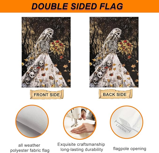 IVN Halloween Garden Flag 12x18 Inch Skeleton Bride Skulls Gothic Spooky Haunted Fall Leaves Forest Double Sided Outdoor Decor Welcome Flag for Yard Home Porch Patio Decorations