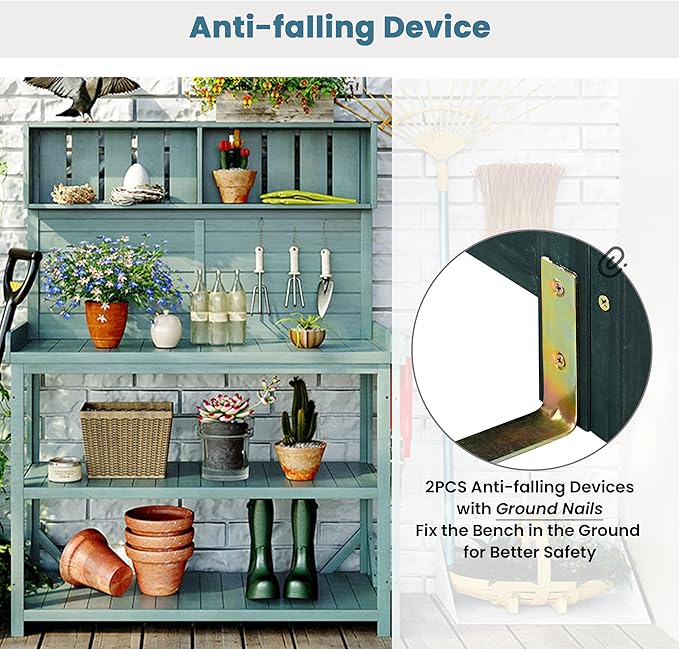 Outdoor Wooden Potting Bench Table – Farmhouse Garden Workstation with Drawers, Cabinet & Storage Shelves, Large Fir Wood Work Table for Patio, Backyard, Mudroom, Greenhouse (Green, 65'' H)