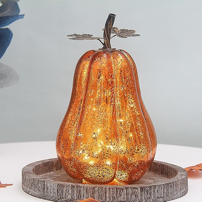 Mercury Glass Pumpkin Lights with Timer, Battery Operated Led Pumpkin Lights for Halloween Fall,Thanksgiving Rustic Decor (Gold Leafy, 11")