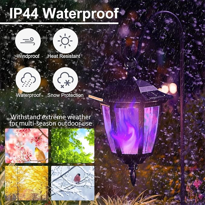Dynaming 4 Pack Solar Halloween Flame Hanging Lights Outdoor, Flickering Flame LED Garden Lanterns with 4x38 Inch Shepherd Hooks, Landscape Lighting Waterproof for Lawn Yard Pathway Driveway, Purple
