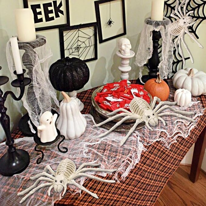 4 Pack Spider Skeleton Halloween Decor Sculpture Scary Centrepiece Animal Skeleton Spider Bone for Indoor Outdoor Spooky Scene Garden Haunted House Props
