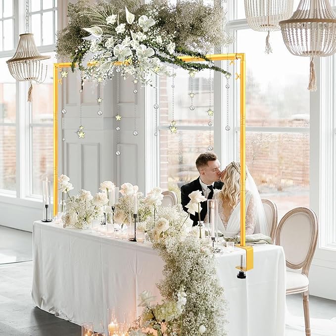Over The Table Rod Stand with Clamps Adjustable 31-110 in Length 31-64 in Height Gold Table Balloon Arch Hanging Stand with Storage Bag for Halloween Christmas Wedding Birthday Party Decoration