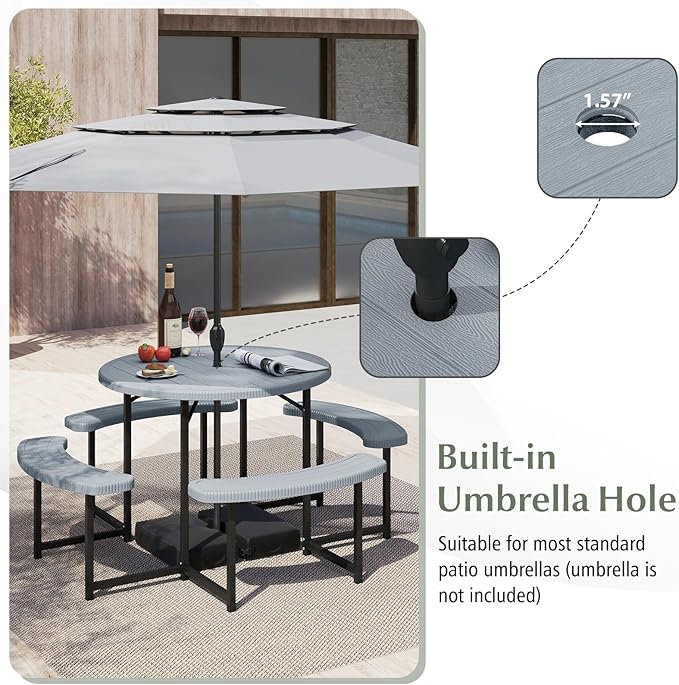 Giantex Picnic Table Bench Set for 4-8 Person, Round 37” Outdoor Dining Table w/Umbrella Hole, HDPE Tabletop, Metal Frame, Patio Furniture Set for Backyard Porch Lawn, 1400lb Capacity (Gray,Round)